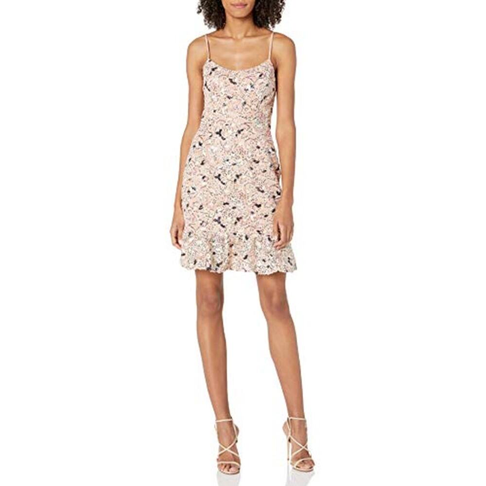 NWT Dress the Population Jill Lace Sequin Mini Dress Spaghetti Strap in Blush